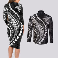 Polynesian Pride Couples Matching Long Sleeve Bodycon Dress and Long Sleeve Button Shirts Turtle Hibiscus Luxury Style - Black LT7 - Wonder Print Shop