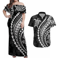 Polynesian Pride Couples Matching Off Shoulder Maxi Dress and Hawaiian Shirt Turtle Hibiscus Luxury Style - Black LT7 - Wonder Print Shop