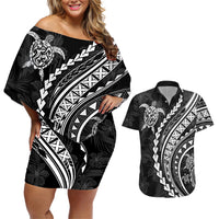 Polynesian Pride Couples Matching Off Shoulder Short Dress and Hawaiian Shirt Turtle Hibiscus Luxury Style - Black LT7 - Wonder Print Shop