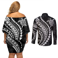 Polynesian Pride Couples Matching Off Shoulder Short Dress and Long Sleeve Button Shirts Turtle Hibiscus Luxury Style - Black LT7 - Wonder Print Shop