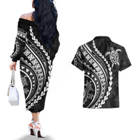 Polynesian Pride Couples Matching Off The Shoulder Long Sleeve Dress and Hawaiian Shirt Turtle Hibiscus Luxury Style - Black LT7 - Wonder Print Shop