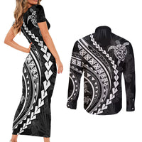 Polynesian Pride Couples Matching Short Sleeve Bodycon Dress and Long Sleeve Button Shirts Turtle Hibiscus Luxury Style - Black LT7 - Wonder Print Shop