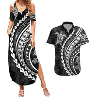 Polynesian Pride Couples Matching Summer Maxi Dress and Hawaiian Shirt Turtle Hibiscus Luxury Style - Black LT7 - Wonder Print Shop