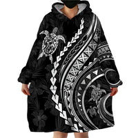 Polynesian Pride Wearable Blanket Hoodie Turtle Hibiscus Luxury Style - Black - Wonder Print Shop