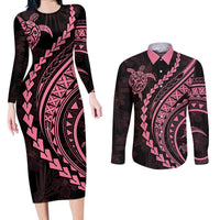 Polynesian Pride Couples Matching Long Sleeve Bodycon Dress and Long Sleeve Button Shirts Turtle Hibiscus Luxury Style - Carnation Pink LT7 - Wonder Print Shop