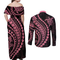 Polynesian Pride Couples Matching Off Shoulder Maxi Dress and Long Sleeve Button Shirts Turtle Hibiscus Luxury Style - Carnation Pink LT7 - Wonder Print Shop