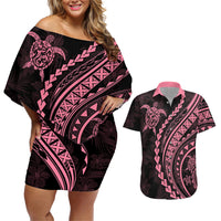 Polynesian Pride Couples Matching Off Shoulder Short Dress and Hawaiian Shirt Turtle Hibiscus Luxury Style - Carnation Pink LT7 - Wonder Print Shop