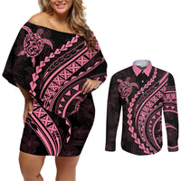 Polynesian Pride Couples Matching Off Shoulder Short Dress and Long Sleeve Button Shirts Turtle Hibiscus Luxury Style - Carnation Pink LT7 - Wonder Print Shop