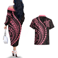 Polynesian Pride Couples Matching Off The Shoulder Long Sleeve Dress and Hawaiian Shirt Turtle Hibiscus Luxury Style - Carnation Pink LT7 - Wonder Print Shop