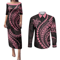 Polynesian Pride Couples Matching Puletasi Dress and Long Sleeve Button Shirts Turtle Hibiscus Luxury Style - Carnation Pink LT7 - Wonder Print Shop