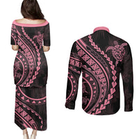 Polynesian Pride Couples Matching Puletasi Dress and Long Sleeve Button Shirts Turtle Hibiscus Luxury Style - Carnation Pink LT7 - Wonder Print Shop