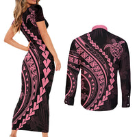 Polynesian Pride Couples Matching Short Sleeve Bodycon Dress and Long Sleeve Button Shirts Turtle Hibiscus Luxury Style - Carnation Pink LT7 - Wonder Print Shop
