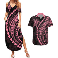 Polynesian Pride Couples Matching Summer Maxi Dress and Hawaiian Shirt Turtle Hibiscus Luxury Style - Carnation Pink LT7 - Wonder Print Shop