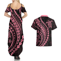 Polynesian Pride Couples Matching Summer Maxi Dress and Hawaiian Shirt Turtle Hibiscus Luxury Style - Carnation Pink LT7 - Wonder Print Shop