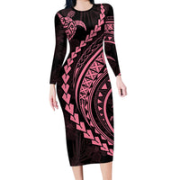 Polynesian Pride Long Sleeve Bodycon Dress Turtle Hibiscus Luxury Style - Carnation Pink - Wonder Print Shop