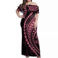 Polynesian Pride Off Shoulder Maxi Dress Turtle Hibiscus Luxury Style - Carnation Pink - Wonder Print Shop