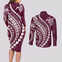 Polynesian Pride Couples Matching Long Sleeve Bodycon Dress and Long Sleeve Button Shirts Turtle Hibiscus Luxury Style - Champagne LT7 - Wonder Print Shop