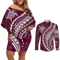 Polynesian Pride Couples Matching Off Shoulder Short Dress and Long Sleeve Button Shirts Turtle Hibiscus Luxury Style - Champagne LT7 - Wonder Print Shop