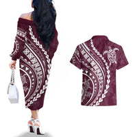Polynesian Pride Couples Matching Off The Shoulder Long Sleeve Dress and Hawaiian Shirt Turtle Hibiscus Luxury Style - Champagne LT7 - Wonder Print Shop
