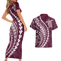 Polynesian Pride Couples Matching Short Sleeve Bodycon Dress and Hawaiian Shirt Turtle Hibiscus Luxury Style - Champagne LT7 - Wonder Print Shop