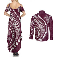 Polynesian Pride Couples Matching Summer Maxi Dress and Long Sleeve Button Shirts Turtle Hibiscus Luxury Style - Champagne LT7 - Wonder Print Shop