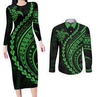 Polynesian Pride Couples Matching Long Sleeve Bodycon Dress and Long Sleeve Button Shirts Turtle Hibiscus Luxury Style - Green LT7 - Wonder Print Shop