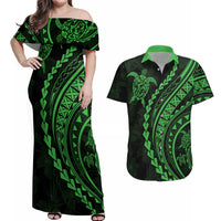 Polynesian Pride Couples Matching Off Shoulder Maxi Dress and Hawaiian Shirt Turtle Hibiscus Luxury Style - Green LT7 - Wonder Print Shop