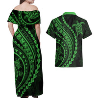 Polynesian Pride Couples Matching Off Shoulder Maxi Dress and Hawaiian Shirt Turtle Hibiscus Luxury Style - Green LT7 - Wonder Print Shop