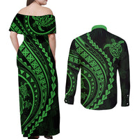 Polynesian Pride Couples Matching Off Shoulder Maxi Dress and Long Sleeve Button Shirts Turtle Hibiscus Luxury Style - Green LT7 - Wonder Print Shop