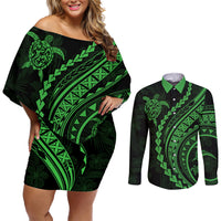 Polynesian Pride Couples Matching Off Shoulder Short Dress and Long Sleeve Button Shirts Turtle Hibiscus Luxury Style - Green LT7 - Wonder Print Shop