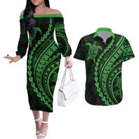 Polynesian Pride Couples Matching Off The Shoulder Long Sleeve Dress and Hawaiian Shirt Turtle Hibiscus Luxury Style - Green LT7 - Wonder Print Shop