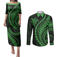 Polynesian Pride Couples Matching Puletasi Dress and Long Sleeve Button Shirts Turtle Hibiscus Luxury Style - Green LT7 - Wonder Print Shop