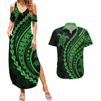 Polynesian Pride Couples Matching Summer Maxi Dress and Hawaiian Shirt Turtle Hibiscus Luxury Style - Green LT7 - Wonder Print Shop