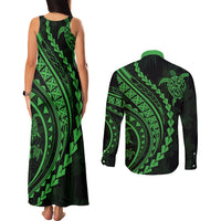 Polynesian Pride Couples Matching Tank Maxi Dress and Long Sleeve Button Shirts Turtle Hibiscus Luxury Style - Green LT7 - Wonder Print Shop