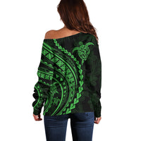 Polynesian Pride Off Shoulder Sweater Turtle Hibiscus Luxury Style - Green - Wonder Print Shop