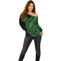 Polynesian Pride Off Shoulder Sweater Turtle Hibiscus Luxury Style - Green - Wonder Print Shop