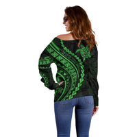 Polynesian Pride Off Shoulder Sweater Turtle Hibiscus Luxury Style - Green - Wonder Print Shop