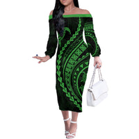 Polynesian Pride Off The Shoulder Long Sleeve Dress Turtle Hibiscus Luxury Style - Green - Wonder Print Shop