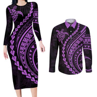 Polynesian Pride Couples Matching Long Sleeve Bodycon Dress and Long Sleeve Button Shirts Turtle Hibiscus Luxury Style - Lilac LT7 - Wonder Print Shop
