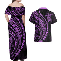 Polynesian Pride Couples Matching Off Shoulder Maxi Dress and Hawaiian Shirt Turtle Hibiscus Luxury Style - Lilac LT7 - Wonder Print Shop