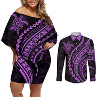 Polynesian Pride Couples Matching Off Shoulder Short Dress and Long Sleeve Button Shirts Turtle Hibiscus Luxury Style - Lilac LT7 - Wonder Print Shop