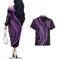 Polynesian Pride Couples Matching Off The Shoulder Long Sleeve Dress and Hawaiian Shirt Turtle Hibiscus Luxury Style - Lilac LT7 - Wonder Print Shop