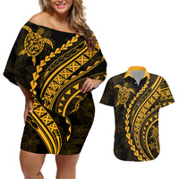 Polynesian Pride Couples Matching Off Shoulder Short Dress and Hawaiian Shirt Turtle Hibiscus Luxury Style - Merigold LT7 - Wonder Print Shop