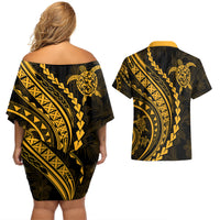 Polynesian Pride Couples Matching Off Shoulder Short Dress and Hawaiian Shirt Turtle Hibiscus Luxury Style - Merigold LT7 - Wonder Print Shop