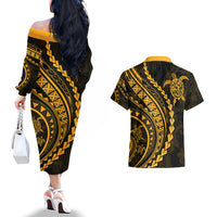 Polynesian Pride Couples Matching Off The Shoulder Long Sleeve Dress and Hawaiian Shirt Turtle Hibiscus Luxury Style - Merigold LT7 - Wonder Print Shop