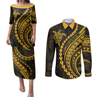 Polynesian Pride Couples Matching Puletasi Dress and Long Sleeve Button Shirts Turtle Hibiscus Luxury Style - Merigold LT7 - Wonder Print Shop