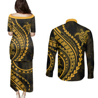 Polynesian Pride Couples Matching Puletasi Dress and Long Sleeve Button Shirts Turtle Hibiscus Luxury Style - Merigold LT7 - Wonder Print Shop