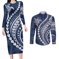 Polynesian Pride Couples Matching Long Sleeve Bodycon Dress and Long Sleeve Button Shirts Turtle Hibiscus Luxury Style - Navy LT7 - Wonder Print Shop