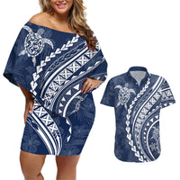 Polynesian Pride Couples Matching Off Shoulder Short Dress and Hawaiian Shirt Turtle Hibiscus Luxury Style - Navy LT7 - Wonder Print Shop
