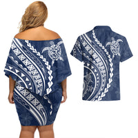 Polynesian Pride Couples Matching Off Shoulder Short Dress and Hawaiian Shirt Turtle Hibiscus Luxury Style - Navy LT7 - Wonder Print Shop